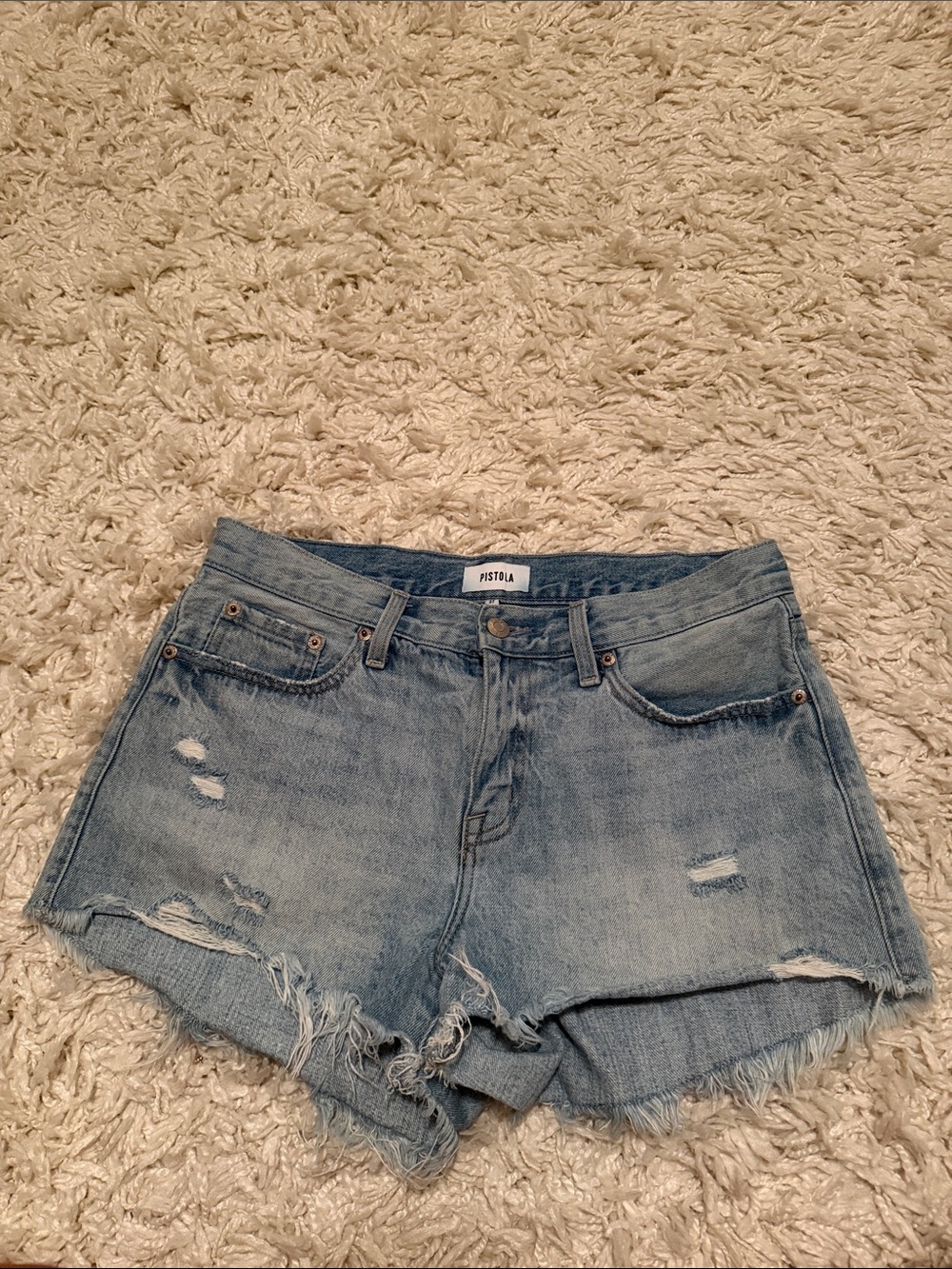 pistola light denim distressed frayed hem shorts